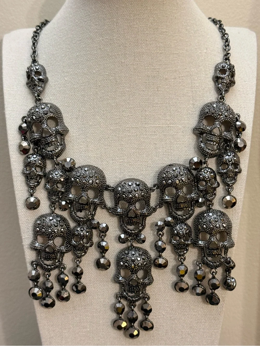 Natasha Couture Gunmetal Rhinestone Gothic Skull Dangle Statement Necklace